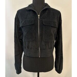 AERIE Ribbed Velour Zip Up Long Sleeve Black‎ Crop Sweater SMALL NWT